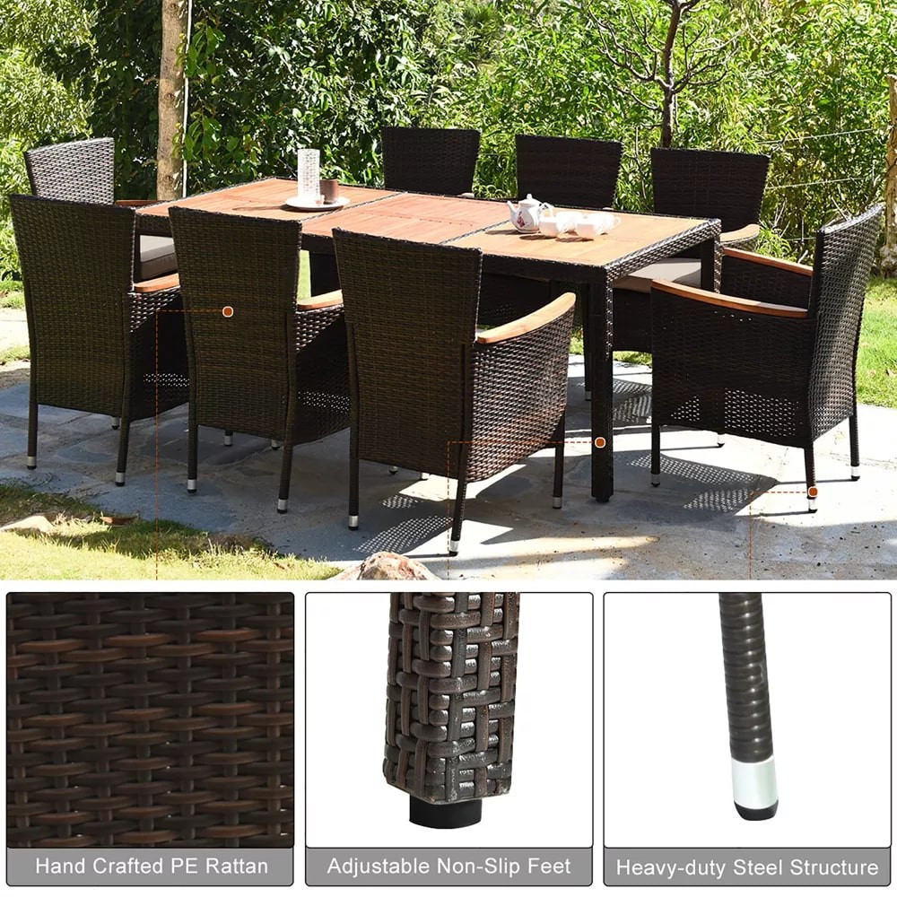 Costway 9PCS Patio Rattan Dining Set 8 Chairs Cushioned Acacia